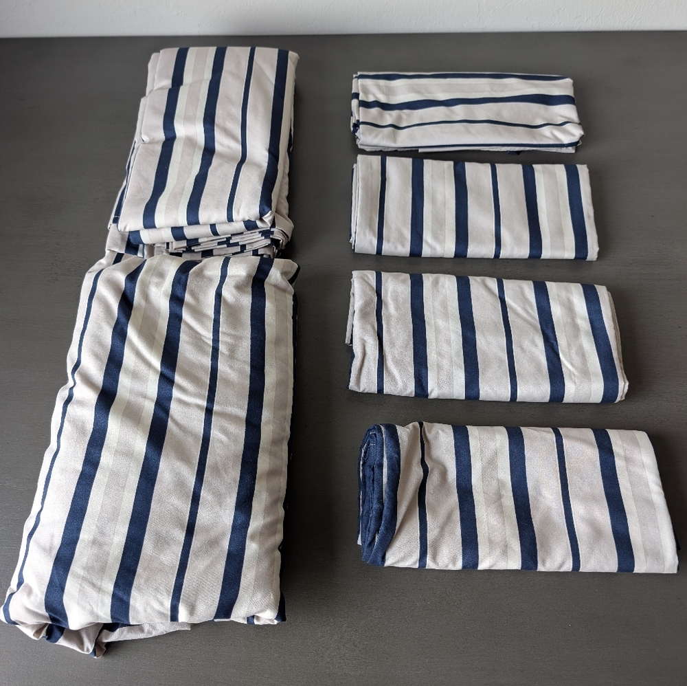 Nautica Home Stripe King Set Flat Fitted Sheets Cover 4 Pillowcases Blue Cream